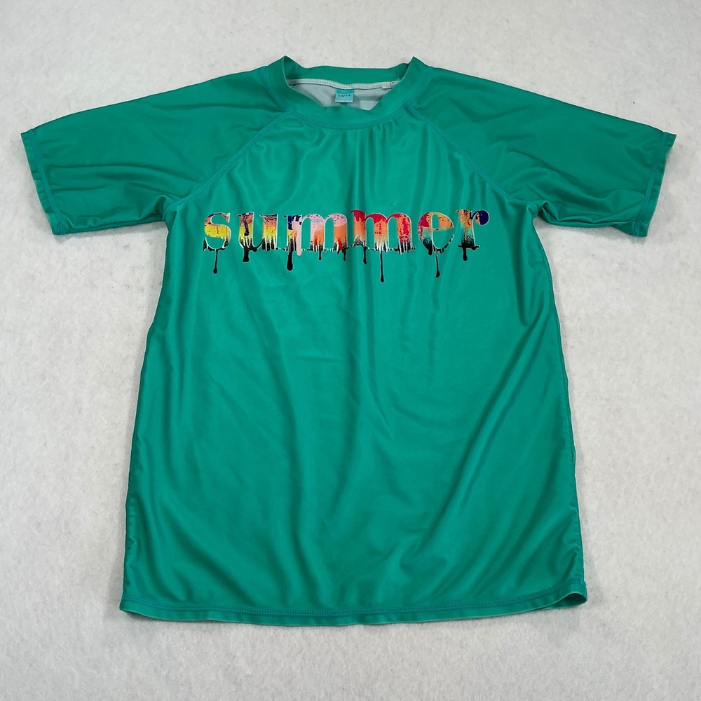 Kids Summer Graphic Rash Guard Swim Shirt Teal Green Short Sleeve Size 13/14